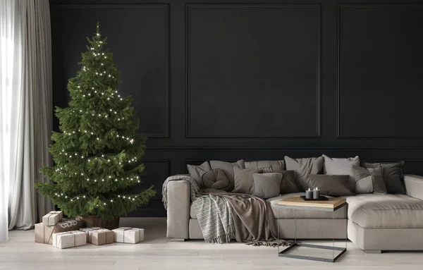 Sala de estar festiva com um sofá bege acolhedor e uma árvore de Natal — Fotografia de Stock
