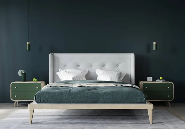 Elegante camera da letto interna in verde scuro e beige chiaro — Foto Stock