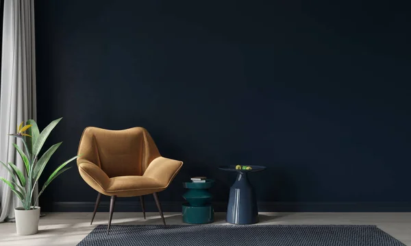 Sillón de mostaza y mesas de colores contra una pared azul oscuro — Foto de Stock
