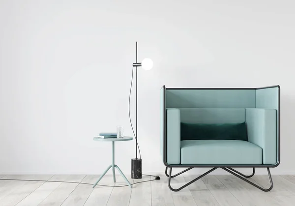 Интерьер с мягким креслом мятный цвет и стол — стоковое фото