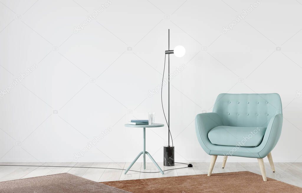 Interior with soft chair mint color and table