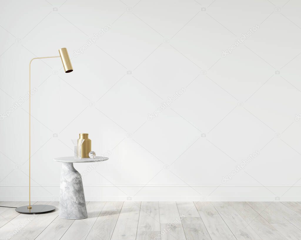 Interior with marble table and golden floor lamp 