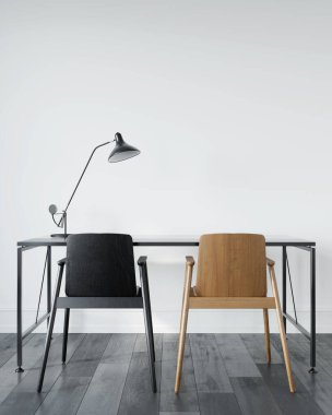 Office interior with black metal table and two wooden chairs / 3D illustration, 3d render