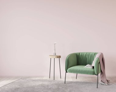 Interior with a soft green armchair on a pink wall background / 3D illustration, 3d render