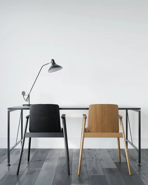 Office Interior Black Metal Table Two Wooden Chairs Illustration Render — Zdjęcie stockowe