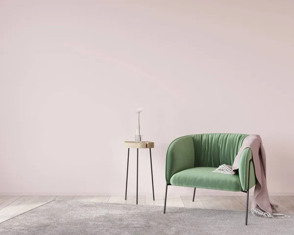 Interior Con Sillón Verde Suave Sobre Fondo Pared Rosa Ilustración — Foto de Stock