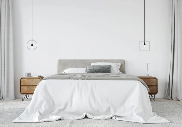 Bright Bedroom Bed Soft Headboard Wooden Bedside Table Stylish Chandeliers — Φωτογραφία Αρχείου