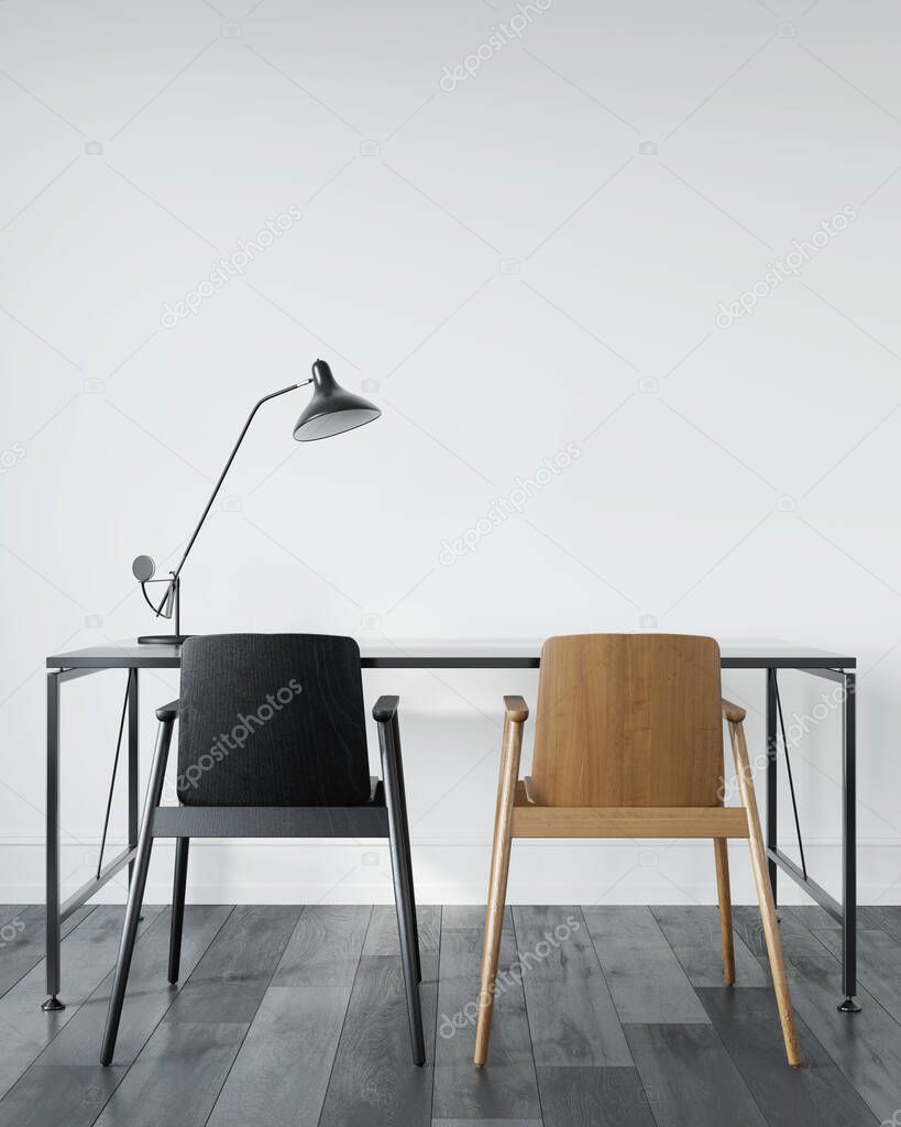 Office interior with black metal table and two wooden chairs / 3D illustration, 3d render