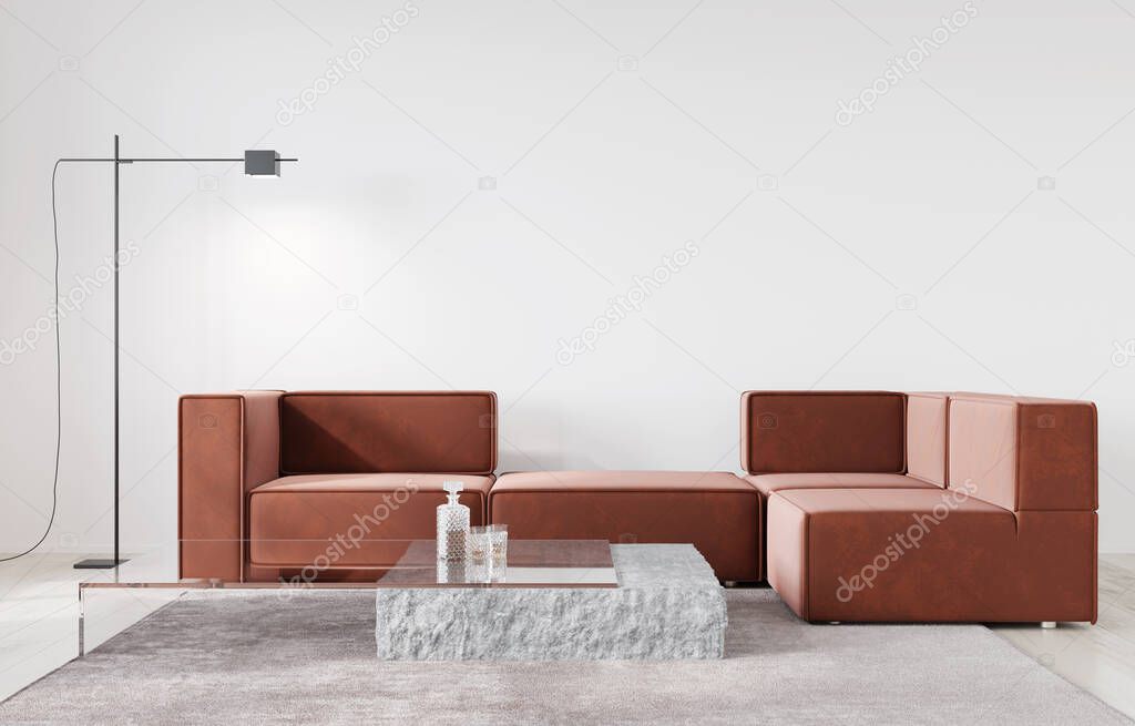 Minimalist interior with large terracotta sofa and table made of glass and stone / 3D illustration, 3d render