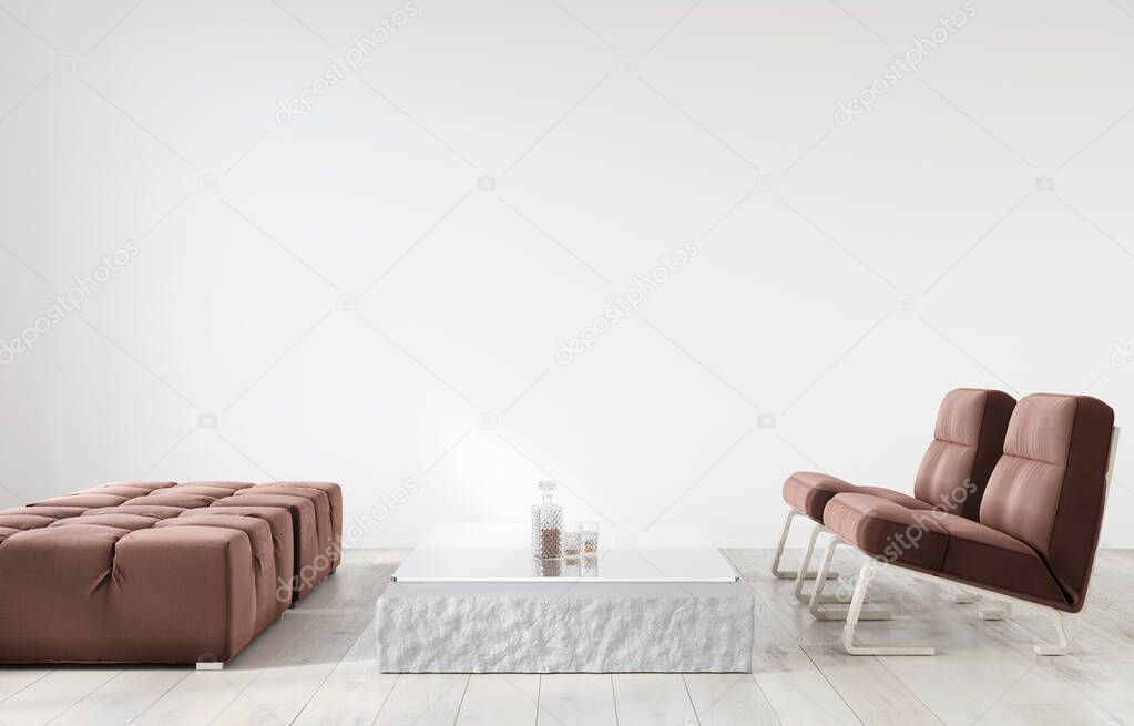 Minimalistic interior with two red armchairs, poufs and a table made of glass and stone / 3D illustration, 3d render