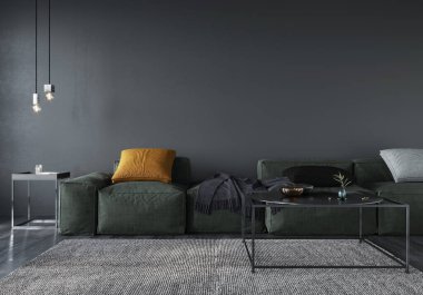 Oturma odasının içi yumuşak minimalist yeşil kanepe, zemin lambası ve metal tablo / 3D illüstrasyon, 3D görüntüleme