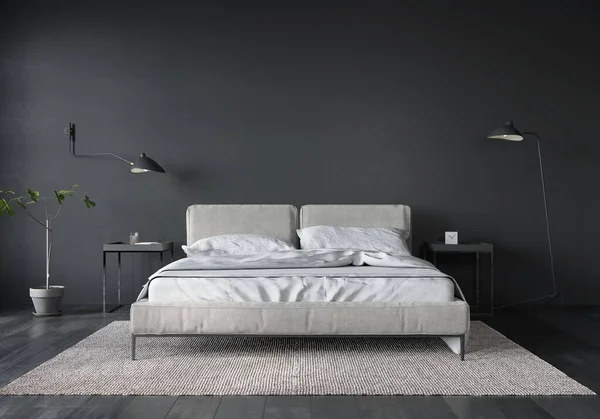 Bedroom interior with white bed on a dark gray wall background / 3D illustration, 3d render