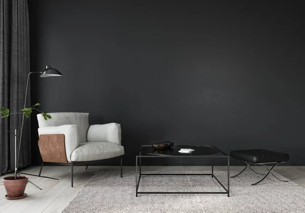 The interior of the living room or reception with an elegant white armchair, a black leather pouf and a metal table/ 3D illustration, 3d render