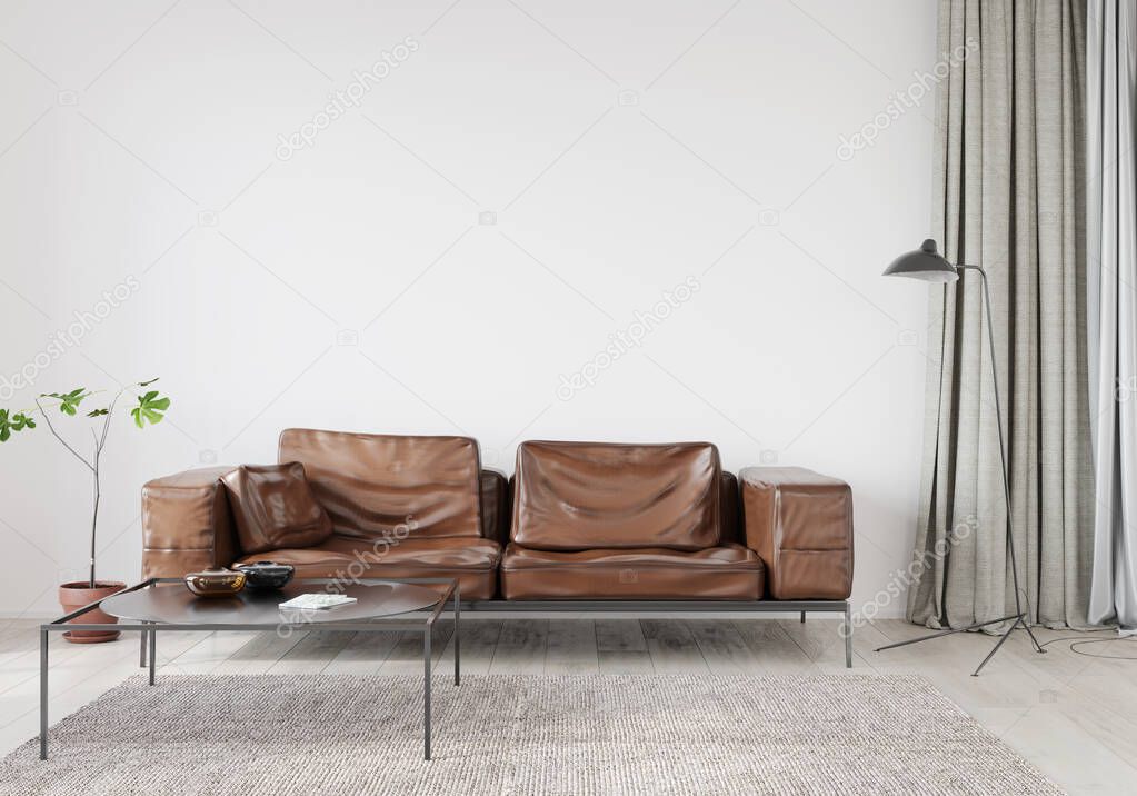 Interior of living room with brown leather sofa, stylish metal table  and floor lamp / 3D illustration, 3d render