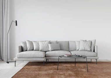 Yumuşak koltuklu, metal masalı, terracotta halılı, 3D resimli, beyaz oturma odası.