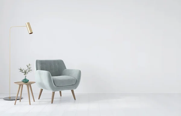 室内构图 白色墙壁背景 3D插图上有软扶手椅 一张桌子和一盏金灯 3D渲染 — 图库照片