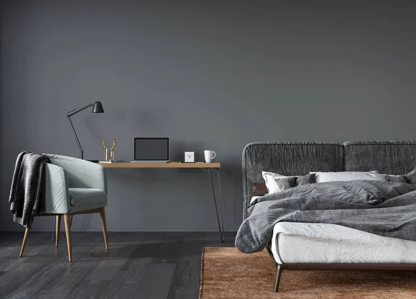 Stylish Bedroom Gray Bed Work Area Armchair Dark Gray Wall — Stock Photo, Image