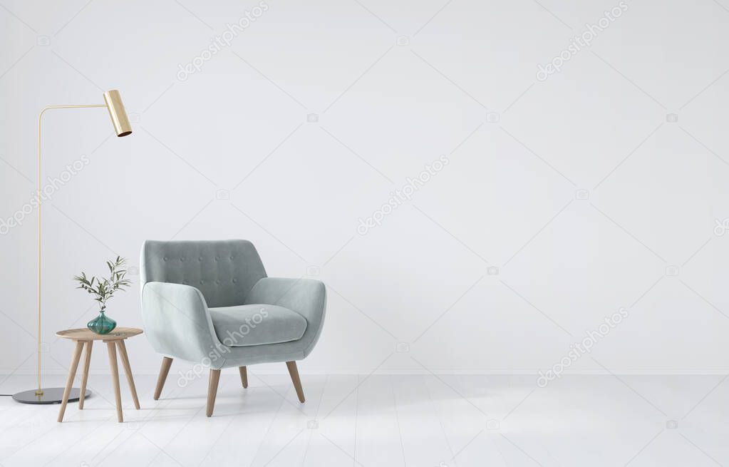 Interior composition with a soft armchair, a table and a golden lamp on a white wall background / 3D illustration, 3d render