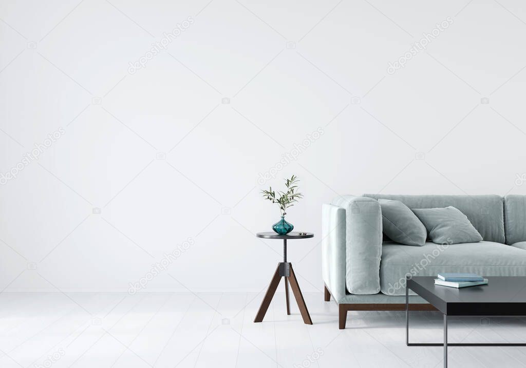 Interior composition with a soft sofa and tables on a white wall background / 3D illustration, 3d render