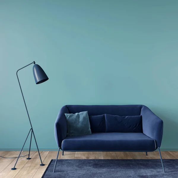 Stylowy Salon Wnętrza Kolorze Niebieskim Małą Sofą Lampą Podłogową Dywan — Zdjęcie stockowe