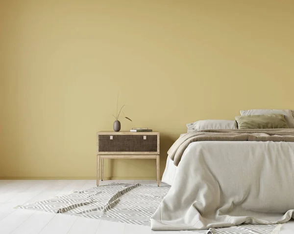 Υπνοδωμάτιο Κρεβάτι Καλυμμένο Λινό Κάλυμμα Κρεβατιού Και Ξύλινο Κομοδίνο Κίτρινο — Φωτογραφία Αρχείου