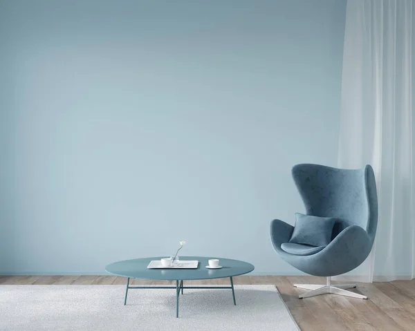 スタイリッシュな椅子と丸みを帯びたコーヒーテーブル 3Dイラスト 3Dレンダリングでブルーでリビングやレセプションのインテリア — ストック写真