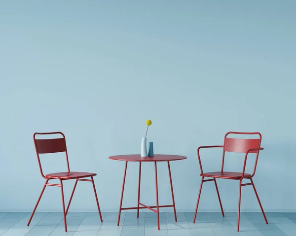 青い壁とパケット 3Dイラスト 3Dレンダリングの背景に小さな赤いテーブルと2つの椅子のインテリア — ストック写真