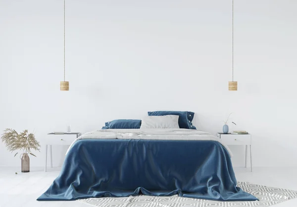 Bright Bedroom Interior Blue Bedspread Bedside Tables Flowing Lamps White — Stock Photo, Image