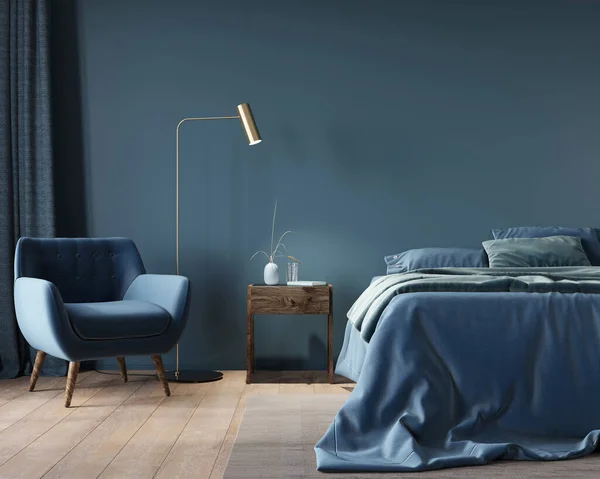 Het Interieur Van Slaapkamer Donkerblauw Met Een Breed Bed Een — Stockfoto