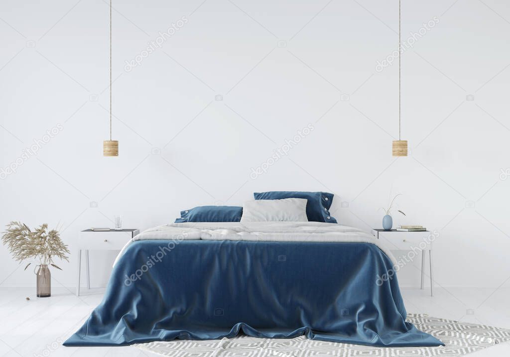 Bright bedroom interior with a blue bedspread, bedside tables and flowing lamps on a white wall background / 3D illustration, 3d render