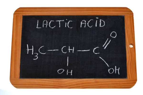 Chemical formula of lactic acid written on a school slate