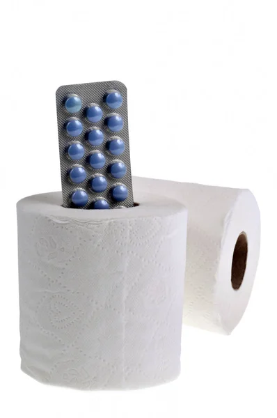 Plaque Laxatives Rolls Toilet Paper Close White Background — Stock Photo, Image