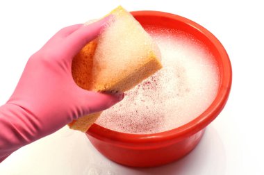 Lateks eldivenli bir el bir kase ev ürününden süngerle sünger çıkarıyor.