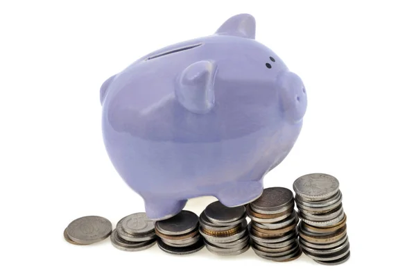 Piggy Bank Stacks Coins Close White Background — Stock Photo, Image