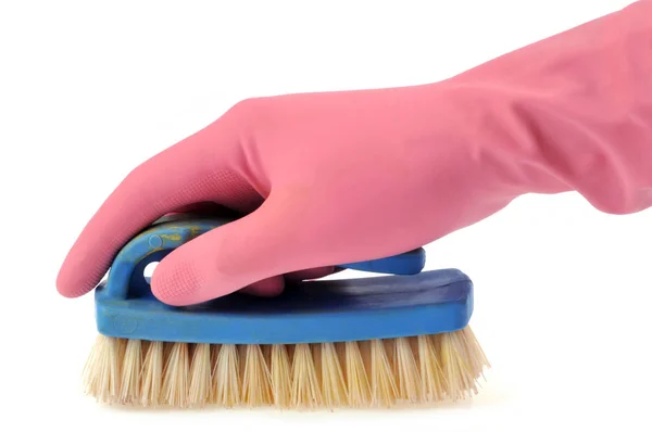 Hand Household Glove Holding Brush Close White Background — 스톡 사진