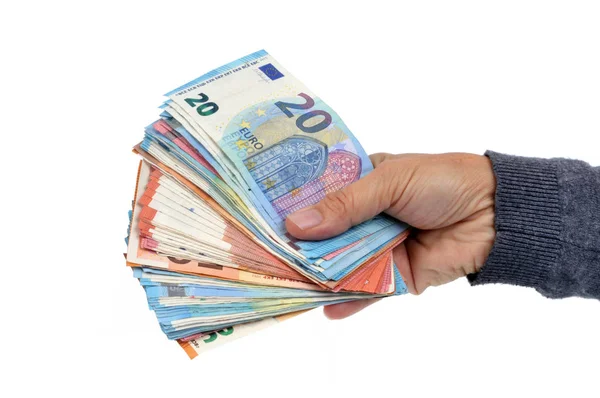 Euro Banknotes Hand Close White Background — Stock Photo, Image