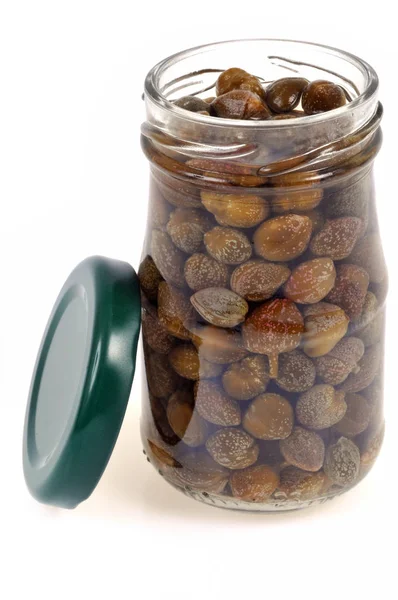 Jar Capers Close White Background — Stock Photo, Image