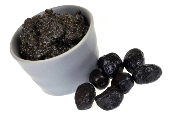 Tapenade Aceitunas Negras Primer Plano Juego Sobre Fondo Blanco — Foto de Stock