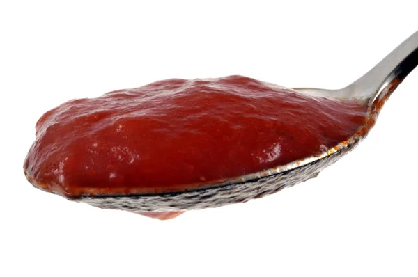 Löffel Tomatensauce Aus Nächster Nähe Auf Weißem Hintergrund — Stockfoto