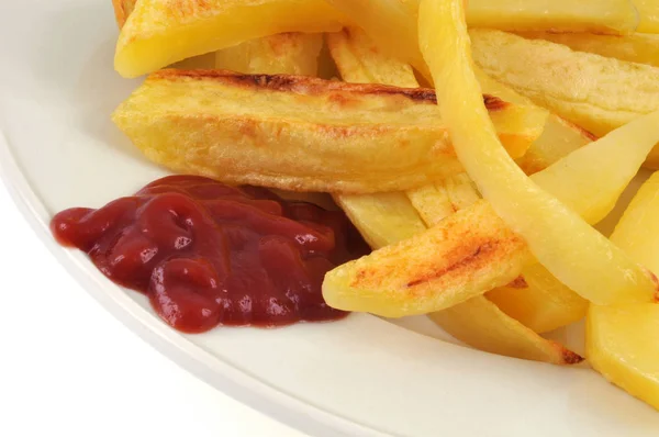 Plate Fries Ketchup Close — Stock Photo, Image