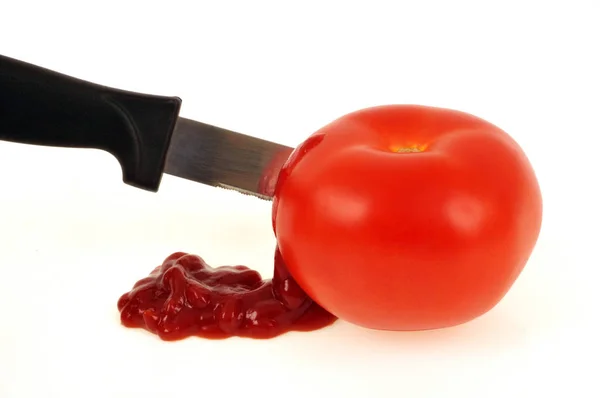 Concepto Salsa Tomate Casera Con Cuchillo Plantado Primer Plano Tomate —  Fotos de Stock