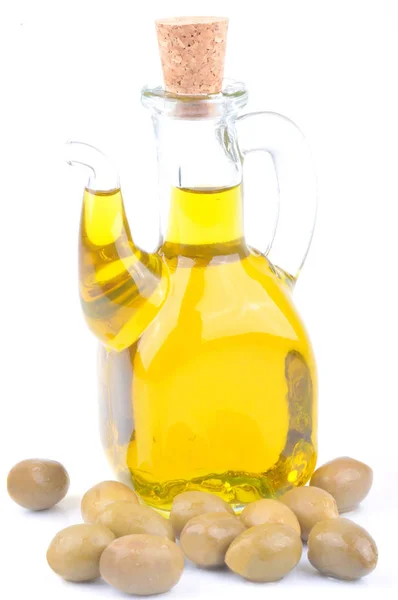 Karaffe Mit Olivenöl Nahaufnahme Auf Weißem Hintergrund — Stockfoto