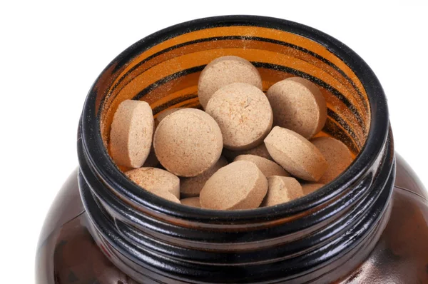 Brewer Yeast Tablets Bottle Close — Stock Photo, Image