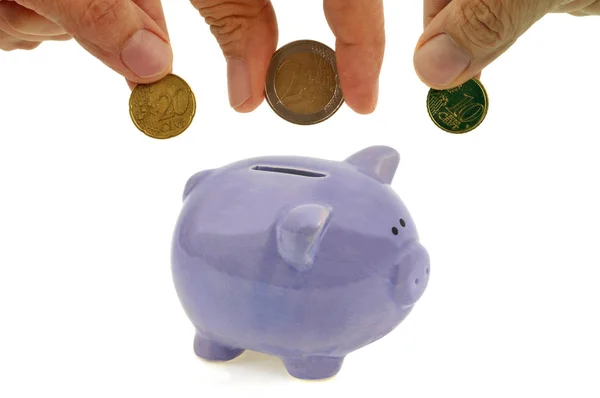 Hands Putting Euro Coins Piggy Bank Close White Background — Stock Photo, Image