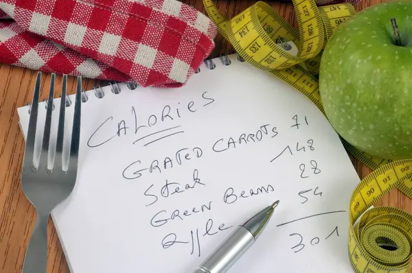 Calorias Menu Escrito Caderno Espiral Fechar — Fotografia de Stock