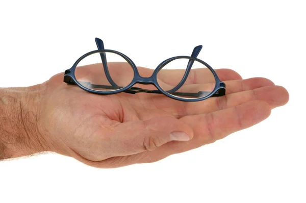 Óculos Uma Mão Close Fundo Branco — Fotografia de Stock