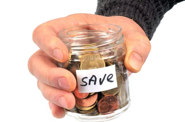 Savings Jar Held Hand Close White Background — Stockfoto