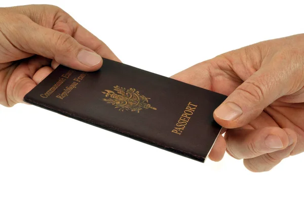 Apresentando Seu Passaporte Europeu Close Sobre Fundo Branco — Fotografia de Stock