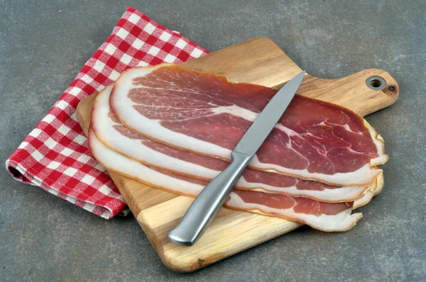 Slices Aosta Ham Cutting Board Close Knife — ストック写真