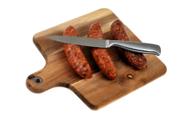 Smoked Pork Sausages Cutting Board Close White Background — Stock Photo, Image